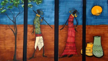 アフリカ人 Painting - アフリカの 4 つのパネルの月の下の黒人カップル